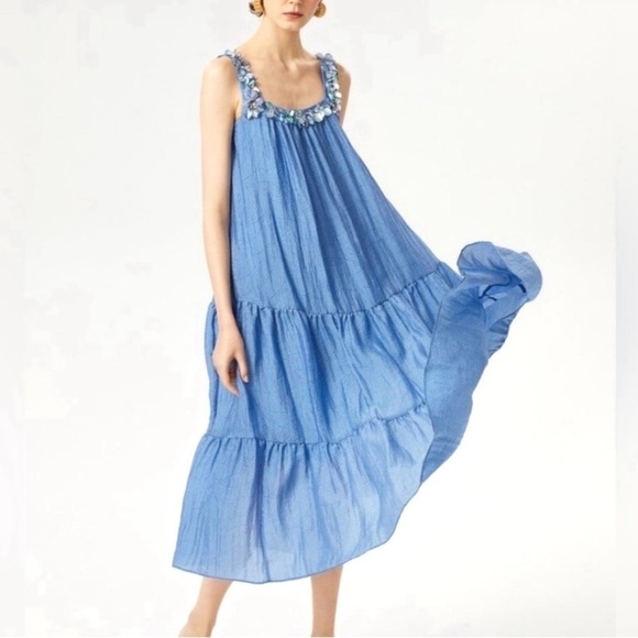 Exquise Dresses & Skirts - Exquise Anthropologie Blue Beaded Square Neck Tiered Maxi Dress Small